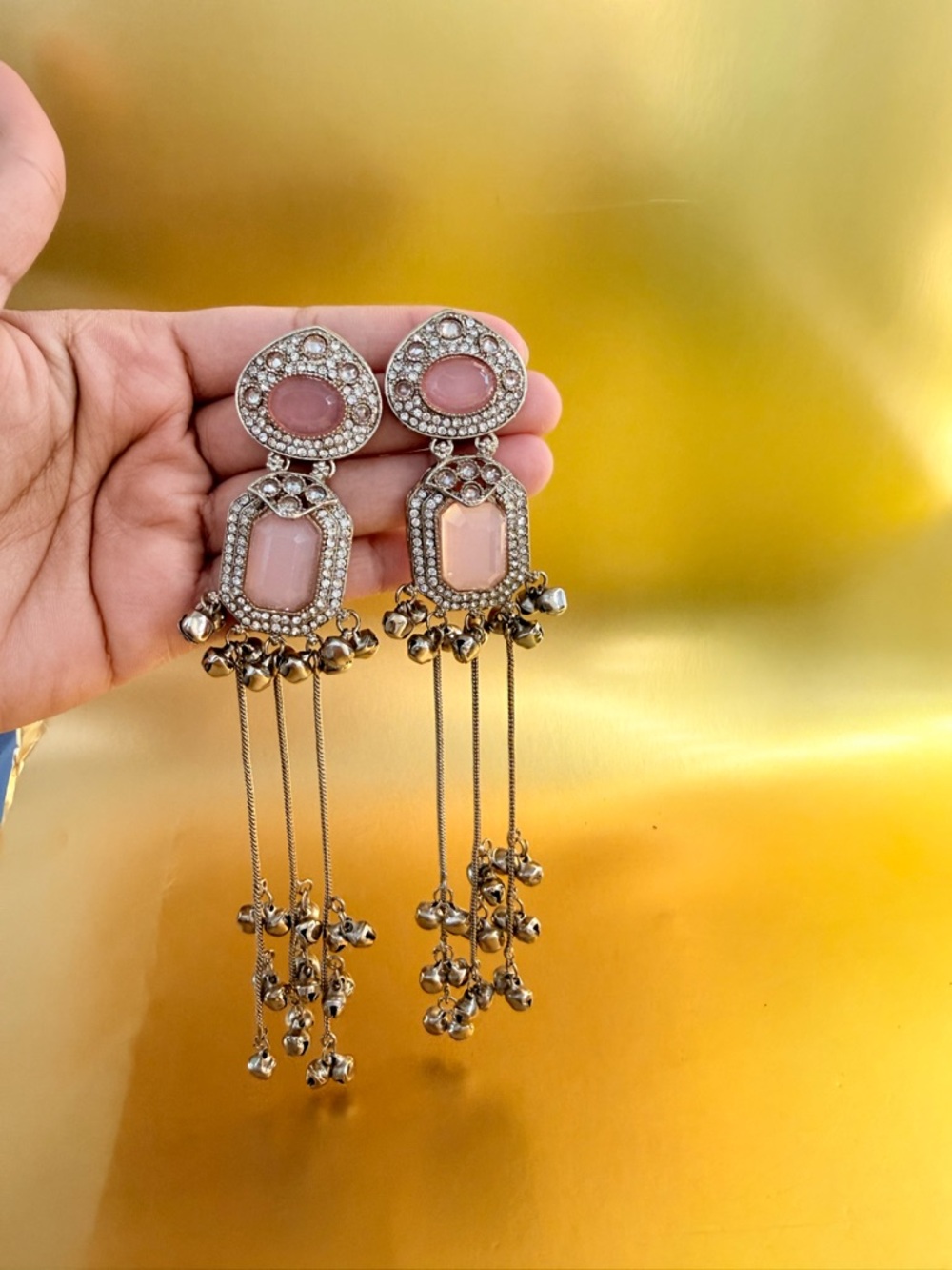 Elegant Pink Stone Drop Earrings with Gold-Tone Chains